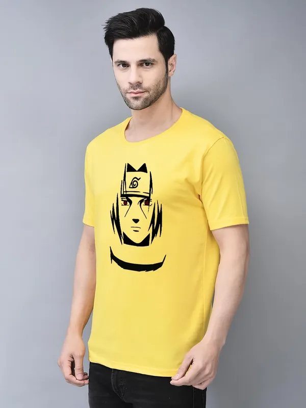 Yellow_Cotton_Printed_Crew_Neck_Half_Sleeve_T-Shirt_For_Men