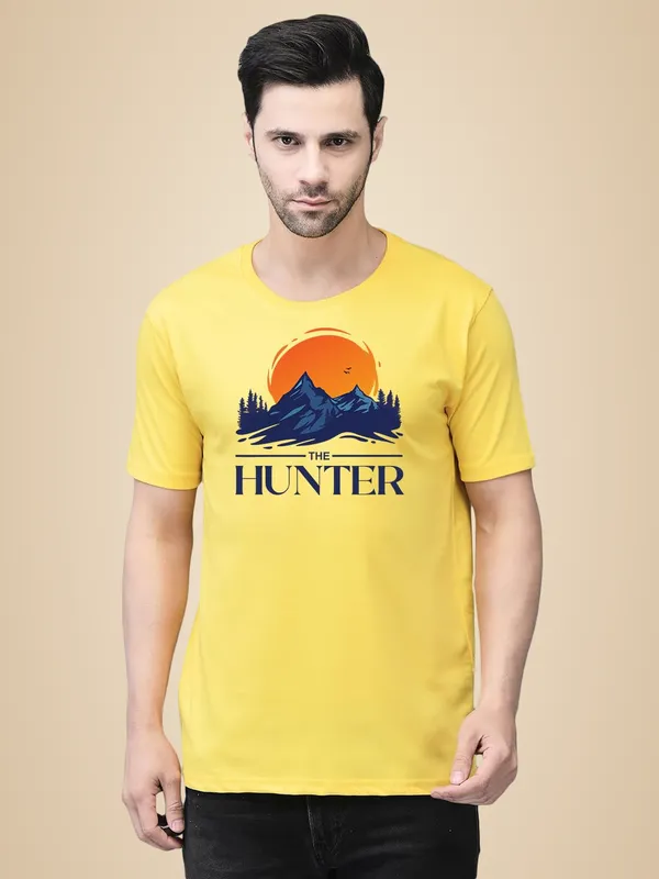 Yellow_Cotton_Printed_Crew_Neck_Half_Sleeve_T-Shirt_For_Men