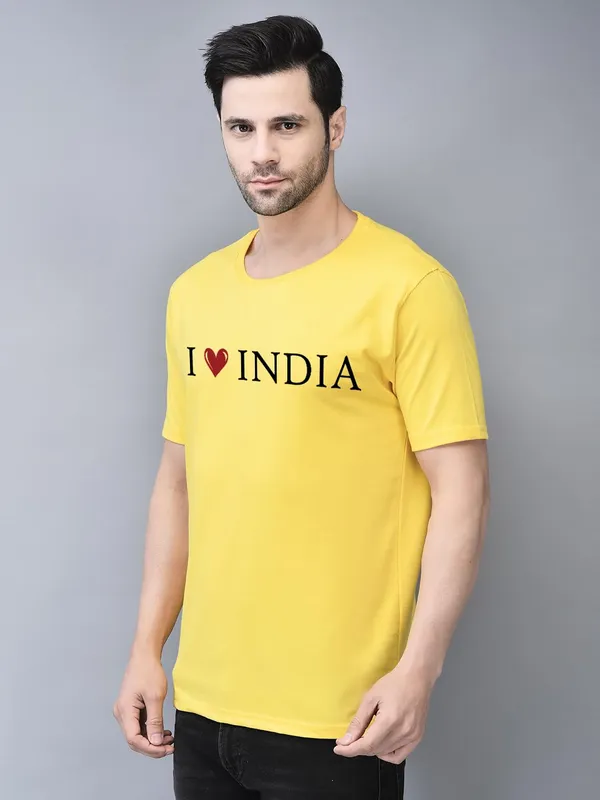 Yellow_Cotton_Printed_Crew_Neck_Half_Sleeve_T-Shirt_For_Men