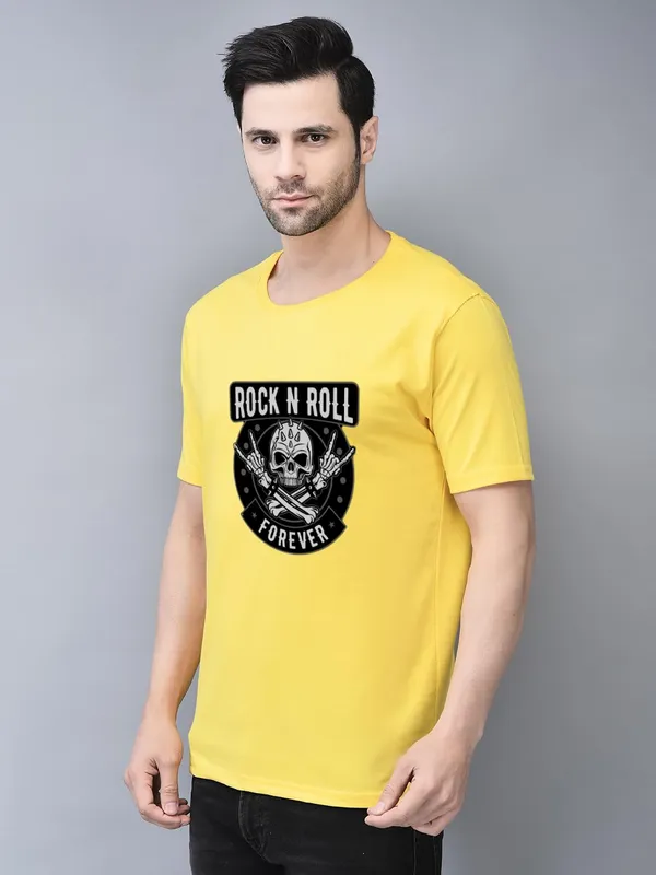 Yellow_Cotton_Printed_Crew_Neck_Half_Sleeve_T-Shirt_For_Men