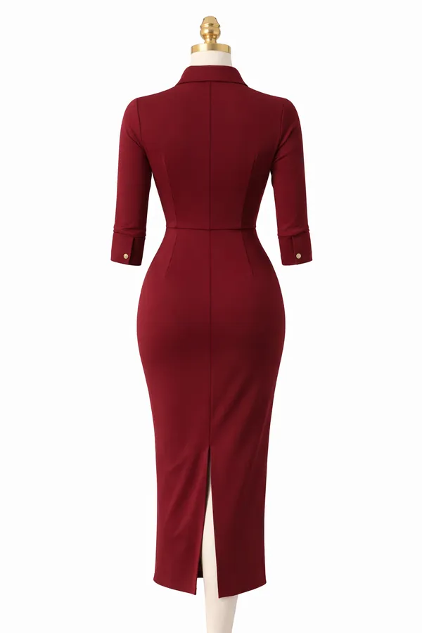 Burgundy_Ruched_Button-Down_Midi_Dress