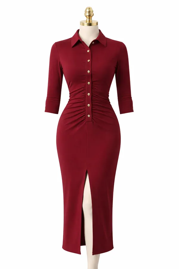 Burgundy_Ruched_Button-Down_Midi_Dress