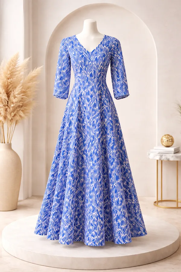 Sufiza_Blue_Full_Length_White_Motif_Dress