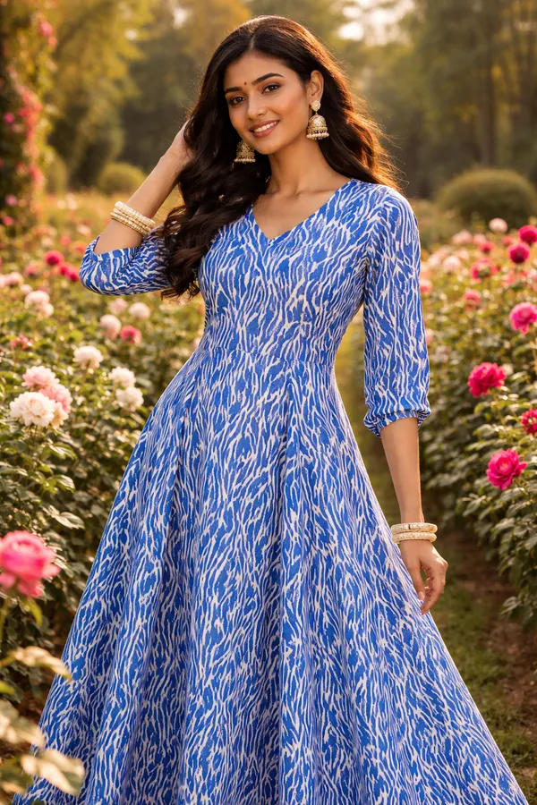 Sufiza_Blue_Full_Length_White_Motif_Dress