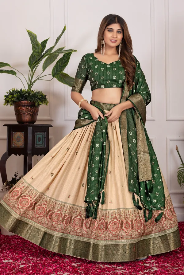 Green_&_Off_White_Jacquard_Border_With_Tussar_Silk_Lehenga_Choli_For_Women