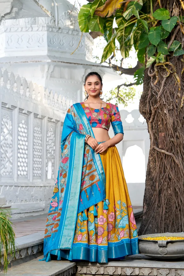 Yellow_&_Sky_Blue_Tussar_Silk_Lehenga_Choli_For_Women