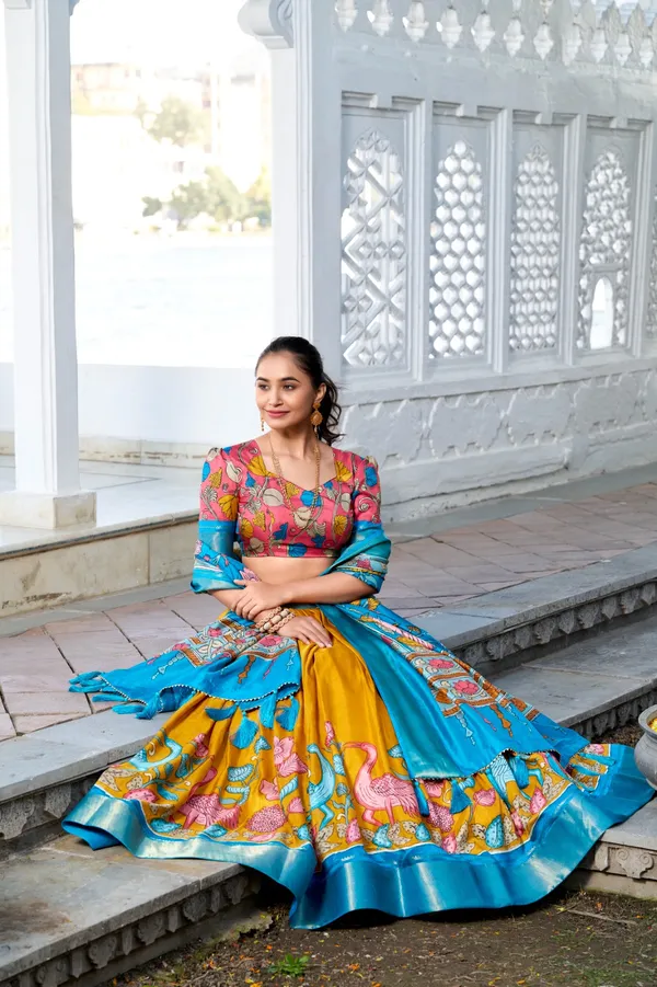 Yellow_&_Sky_Blue_Tussar_Silk_Lehenga_Choli_For_Women
