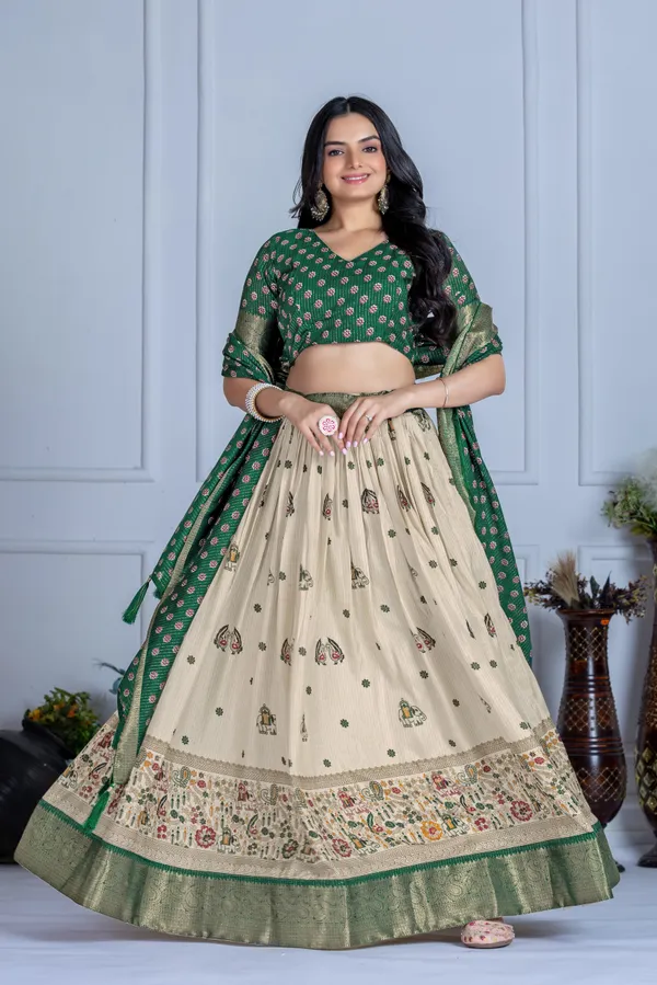 Green_&_Off_White_Heavy_Lichi_Fabric_With_Jacquard_Border_Lehenga_Choli_For_Women