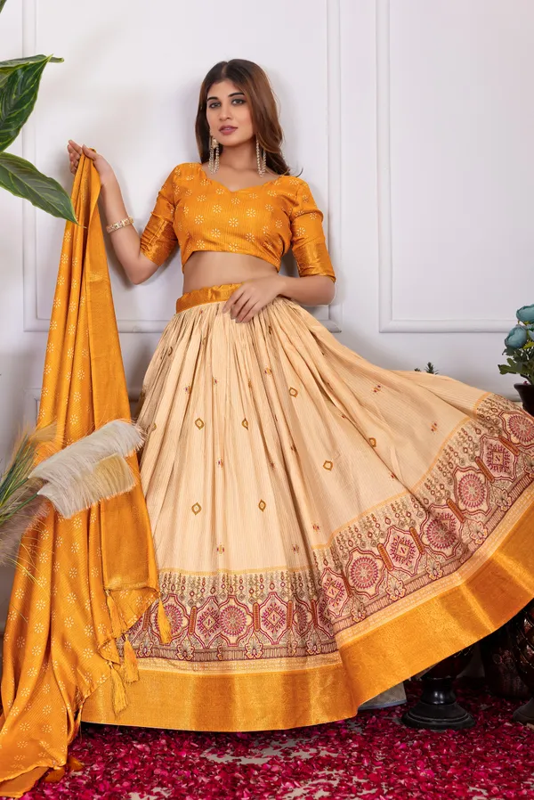 Yellow_&_Off_White_Jacquard_Border_With_Tussar_Silk_Lehenga_Choli_For_Women