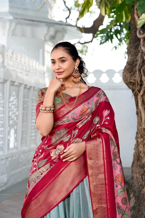 Sea_Green_&_Red_Tussar_Silk_Lehenga_Choli_For_Women