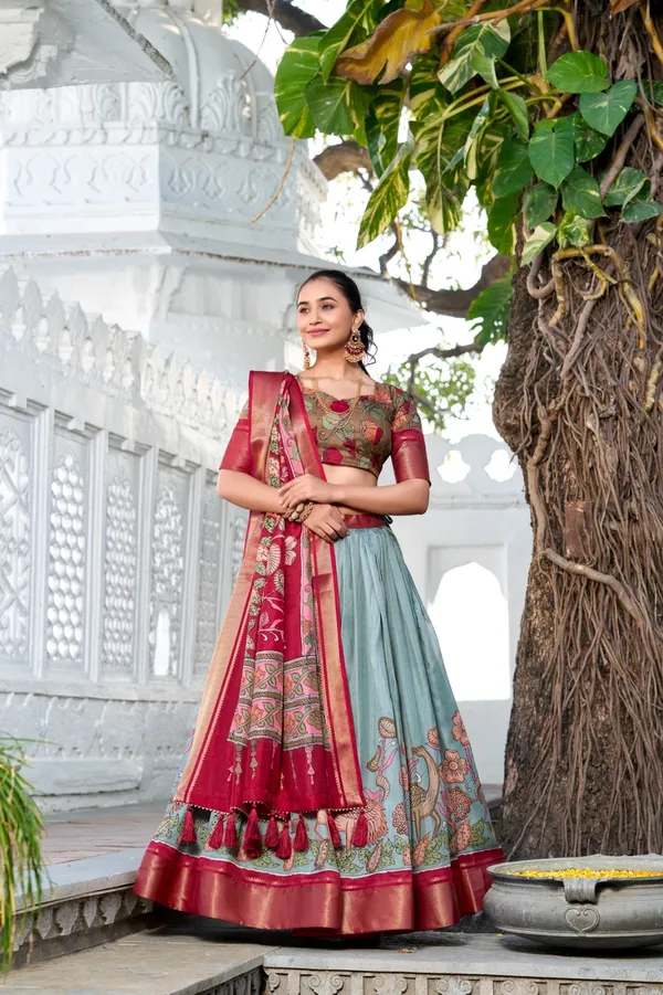 Sea_Green_&_Red_Tussar_Silk_Lehenga_Choli_For_Women