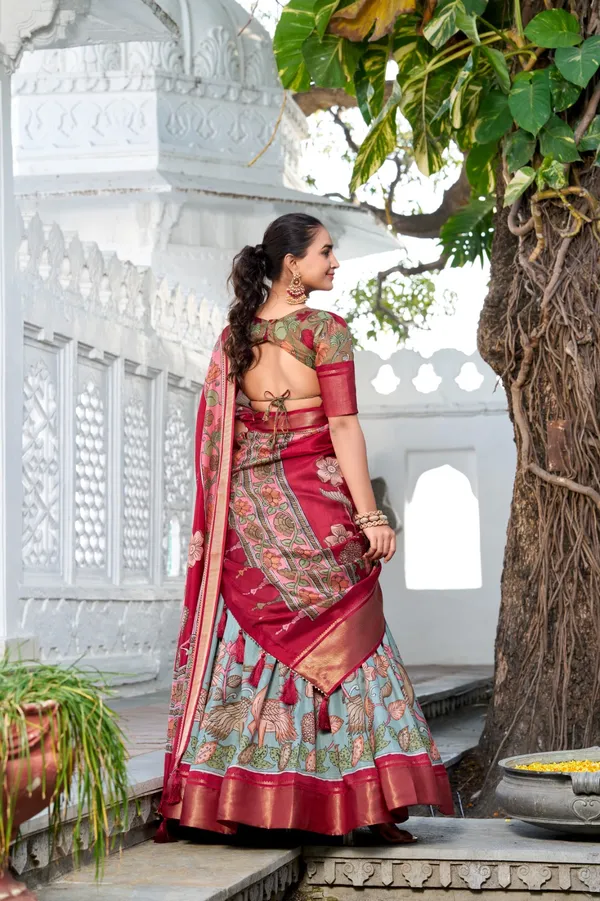 Sea_Green_&_Red_Tussar_Silk_Lehenga_Choli_For_Women