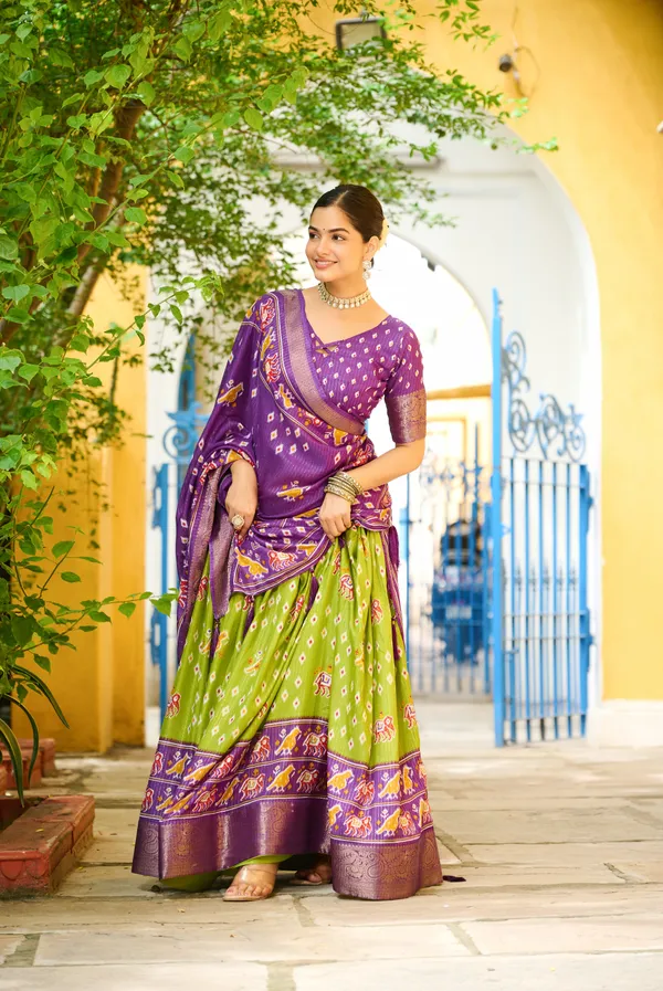 Mehndi_&_Purple_Heavy_Lichi_Fabric_With_Jacquard_Border_Lehenga_Choli_For_Women