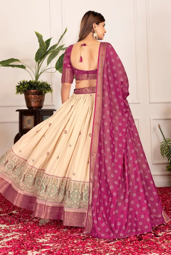Wine_&_Off_White_Jacquard_Border_With_Tussar_Silk_Lehenga_Choli_For_Women