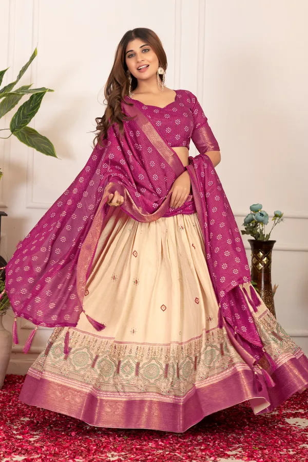 Wine_&_Off_White_Jacquard_Border_With_Tussar_Silk_Lehenga_Choli_For_Women