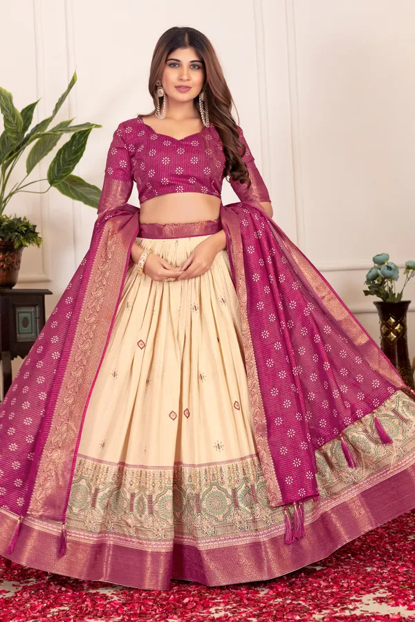 Wine_&_Off_White_Jacquard_Border_With_Tussar_Silk_Lehenga_Choli_For_Women