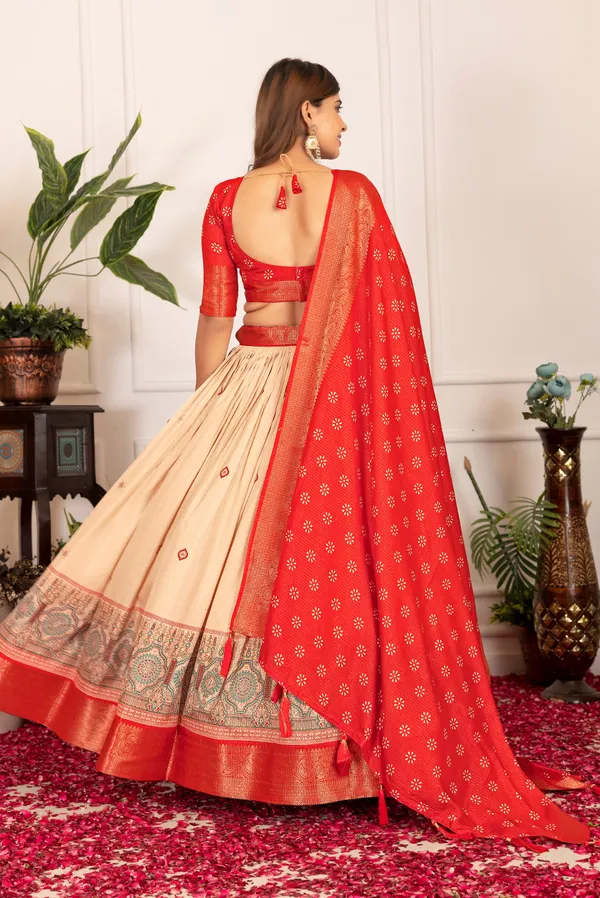 Red_&_Off_White_Jacquard_Border_With_Tussar_Silk_Lehenga_Choli_For_Women