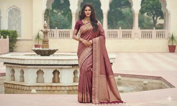 Wine_Banarasi_Brocade_Premium_&_Elegant_Zari_Weaving_Saree_With_Unstitched_Blouse_For_Women