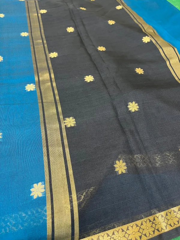 Ocean_Blue_And_Black_Banarasi_Cotton_Silk_Premium_&_Elegant_Zari_Weaving_Saree_With_Unstitched_Blouse_For_Women