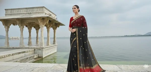Black_And_Maroon_Banarasi_Cotton_Silk_Premium_&_Elegant_Zari_Weaving_Saree_With_Unstitched_Blouse_For_Women