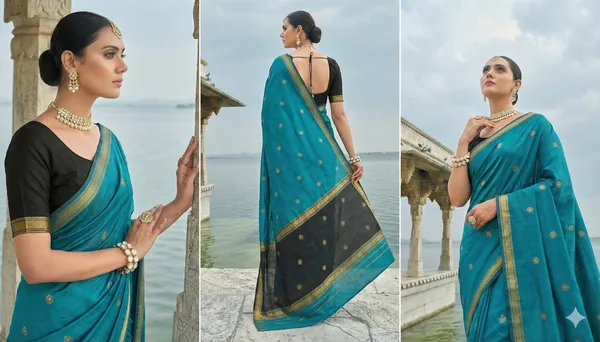 Ocean_Blue_And_Black_Banarasi_Cotton_Silk_Premium_&_Elegant_Zari_Weaving_Saree_With_Unstitched_Blouse_For_Women