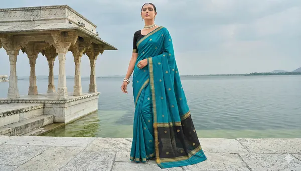 Ocean_Blue_And_Black_Banarasi_Cotton_Silk_Premium_&_Elegant_Zari_Weaving_Saree_With_Unstitched_Blouse_For_Women
