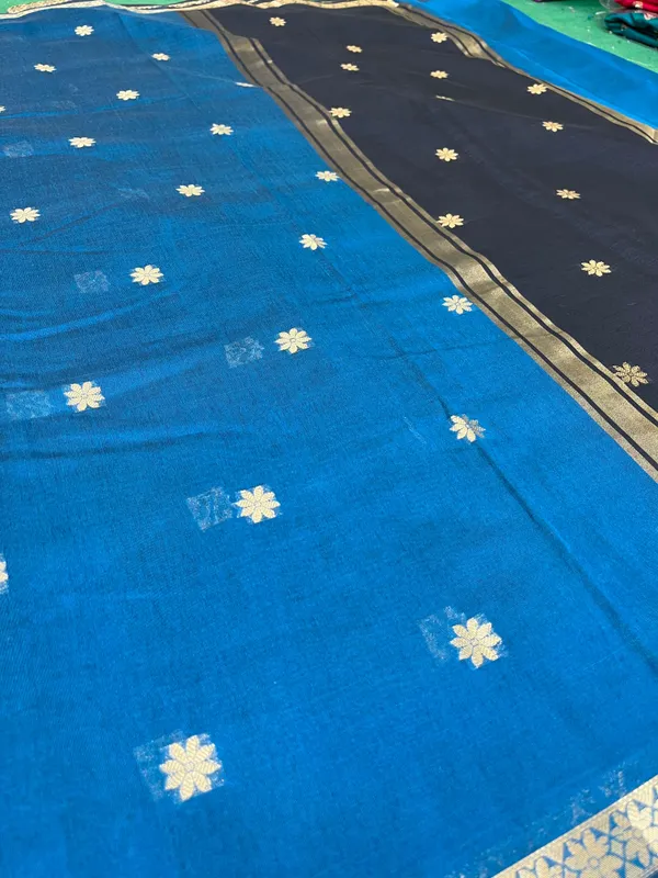 Ocean_Blue_And_Black_Banarasi_Cotton_Silk_Premium_&_Elegant_Zari_Weaving_Saree_With_Unstitched_Blouse_For_Women