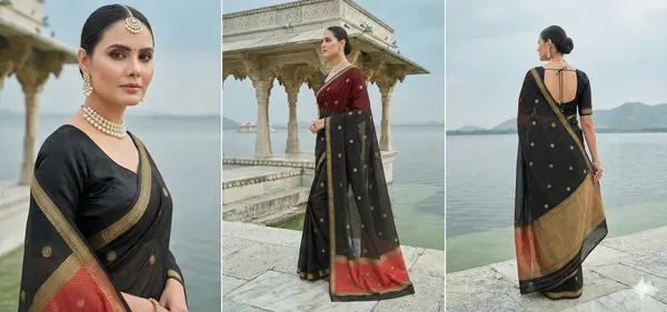 Black_And_Maroon_Banarasi_Cotton_Silk_Premium_&_Elegant_Zari_Weaving_Saree_With_Unstitched_Blouse_For_Women