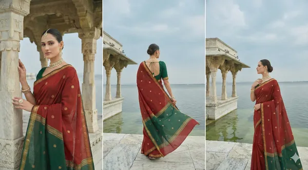 Maroon_And_Green_Banarasi_Cotton_Silk_Premium_&_Elegant_Zari_Weaving_Saree_With_Unstitched_Blouse_For_Women