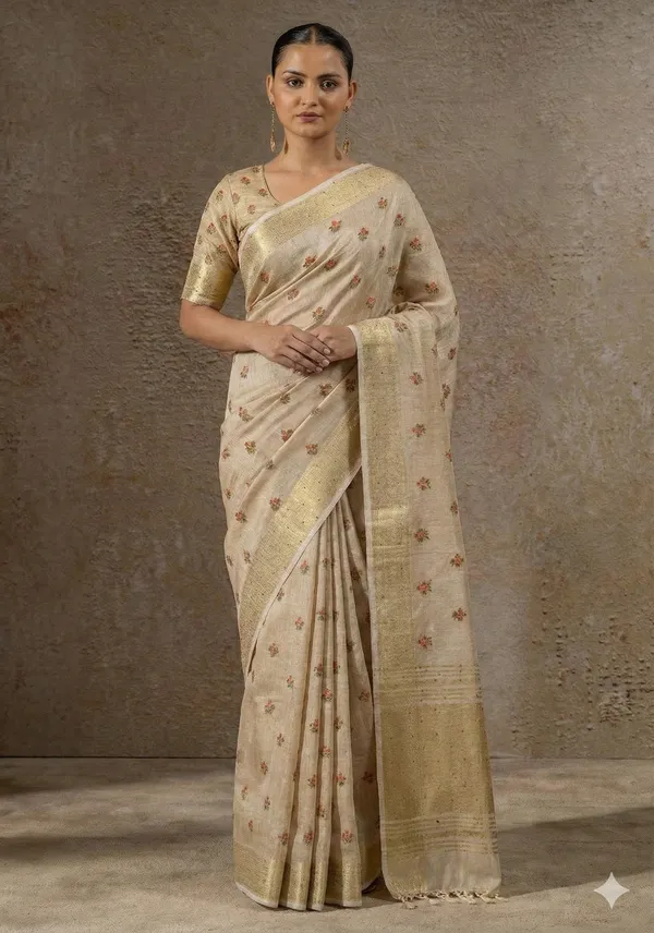 Beige_Soft_Tissue_Silk_Premium_&_Elegant_Resham_Embroidery_Saree_With_Unstitched_Blouse_For_Women