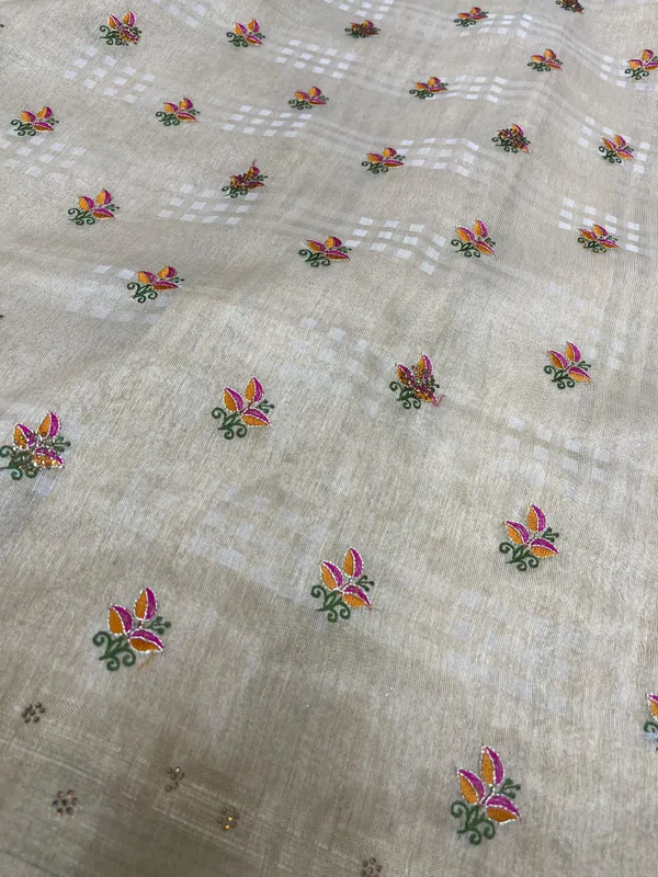 Beige_Soft_Tissue_Silk_Premium_&_Elegant_Resham_Embroidery_Saree_With_Unstitched_Blouse_For_Women