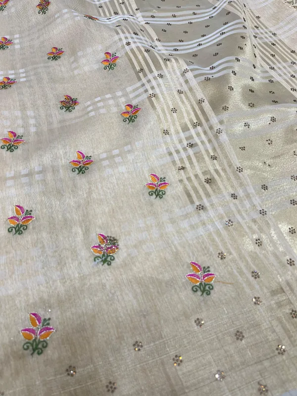 Beige_Soft_Tissue_Silk_Premium_&_Elegant_Resham_Embroidery_Saree_With_Unstitched_Blouse_For_Women