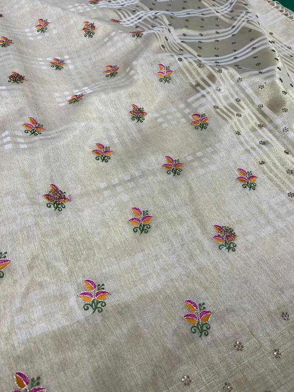 Beige_Soft_Tissue_Silk_Premium_&_Elegant_Resham_Embroidery_Saree_With_Unstitched_Blouse_For_Women