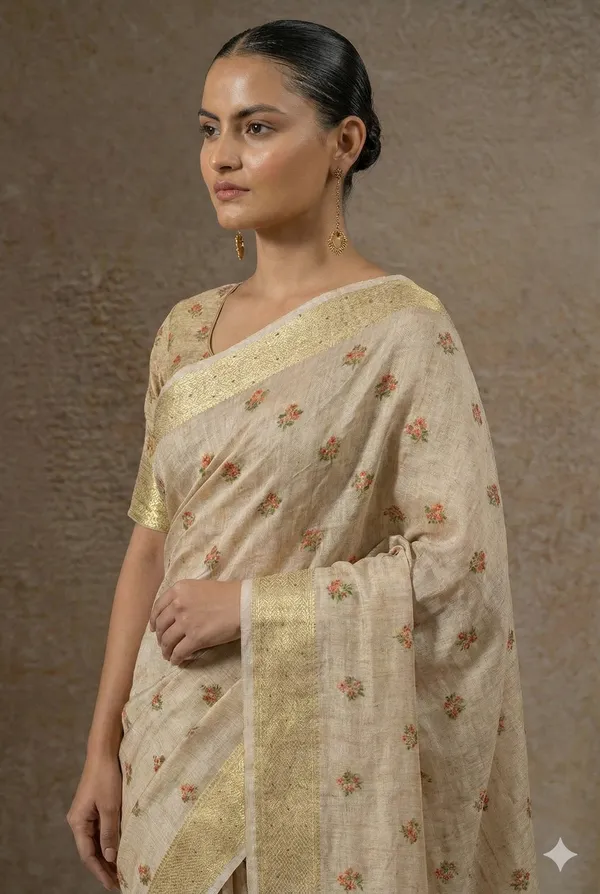 Beige_Soft_Tissue_Silk_Premium_&_Elegant_Resham_Embroidery_Saree_With_Unstitched_Blouse_For_Women