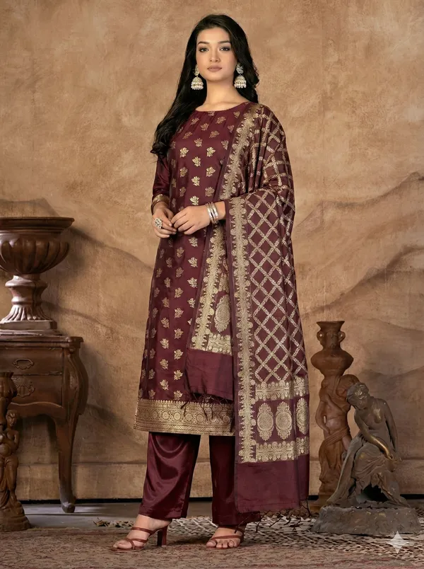 Coffee_Brown_Butter_Silk_Premium_&_Elegant_Zari_Weaving_Unstitched_Suit_Set_With_Dupatta_For_Women