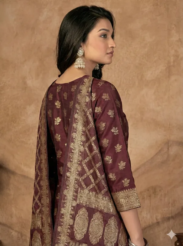 Coffee_Brown_Butter_Silk_Premium_&_Elegant_Zari_Weaving_Unstitched_Suit_Set_With_Dupatta_For_Women