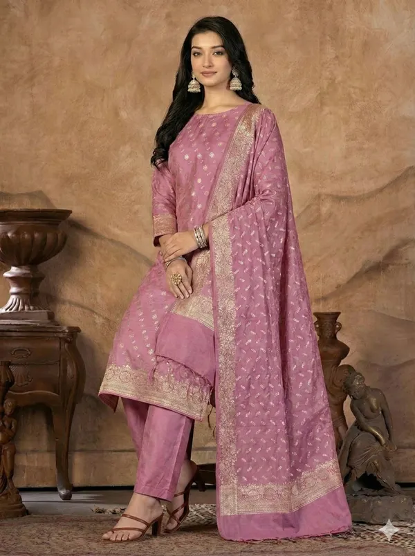 Light_Pink_Butter_Silk_Premium_&_Elegant_Zari_Weaving_Unstitched_Suit_Set_With_Dupatta_For_Women