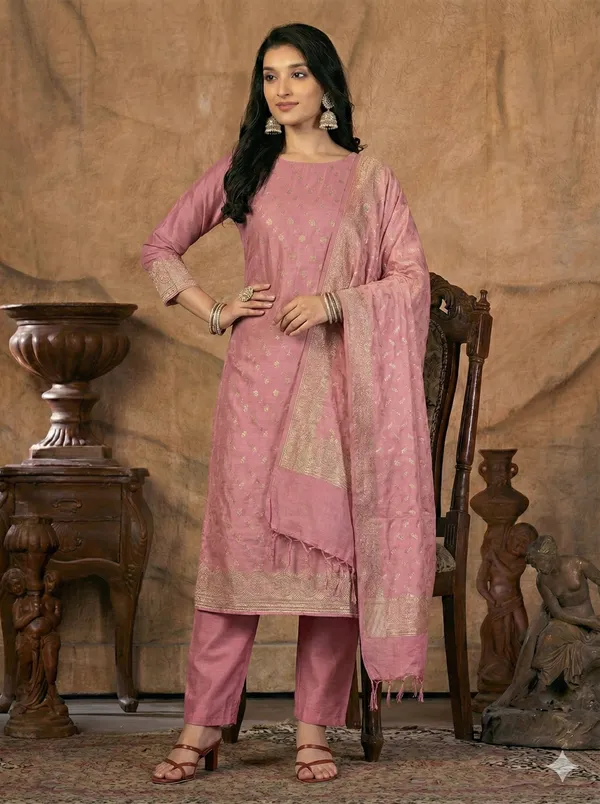 Light_Pink_Butter_Silk_Premium_&_Elegant_Zari_Weaving_Unstitched_Suit_Set_With_Dupatta_For_Women
