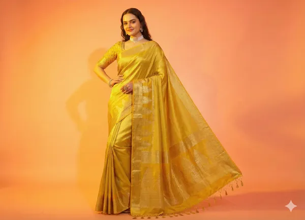 Yellow_Banarasi_Brocade_Premium_&_Elegant_Zari_Weaving_Saree_With_Unstitched_Blouse_For_Women
