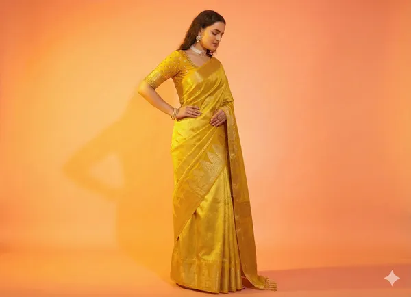 Yellow_Banarasi_Brocade_Premium_&_Elegant_Zari_Weaving_Saree_With_Unstitched_Blouse_For_Women