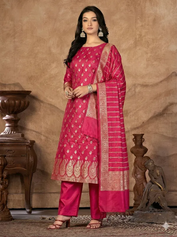Hot_Pink_Butter_Silk_Premium_&_Elegant_Zari_Weaving_Unstitched_Suit_Set_With_Dupatta_For_Women