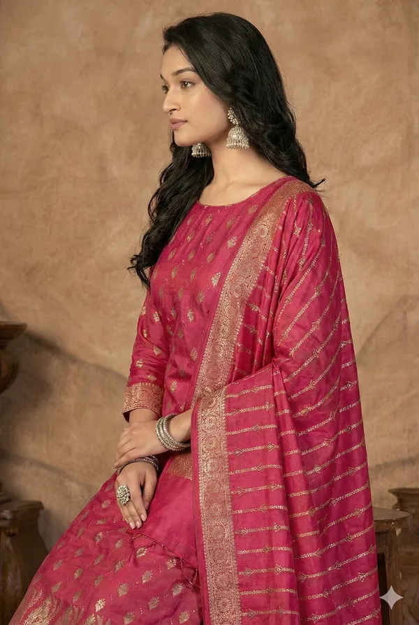 Hot_Pink_Butter_Silk_Premium_&_Elegant_Zari_Weaving_Unstitched_Suit_Set_With_Dupatta_For_Women
