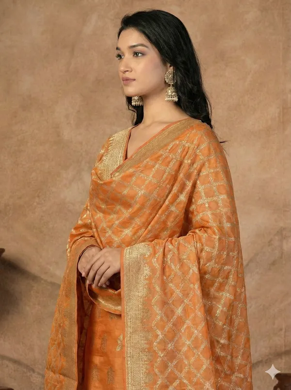 Orange_Butter_Silk_Premium_&_Elegant_Zari_Weaving_Unstitched_Suit_Set_With_Dupatta_For_Women