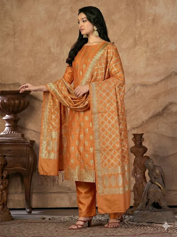 Orange_Butter_Silk_Premium_&_Elegant_Zari_Weaving_Unstitched_Suit_Set_With_Dupatta_For_Women