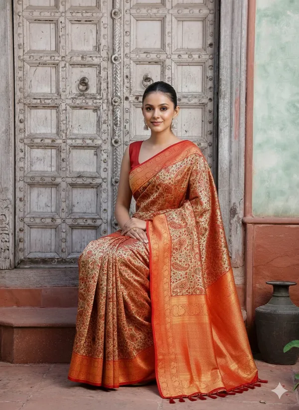 Gold_And_Red_Dharmavaram_Silk_Premium_&_Elegant_Zari_Weaving_Saree_With_Unstitched_Blouse_For_Women