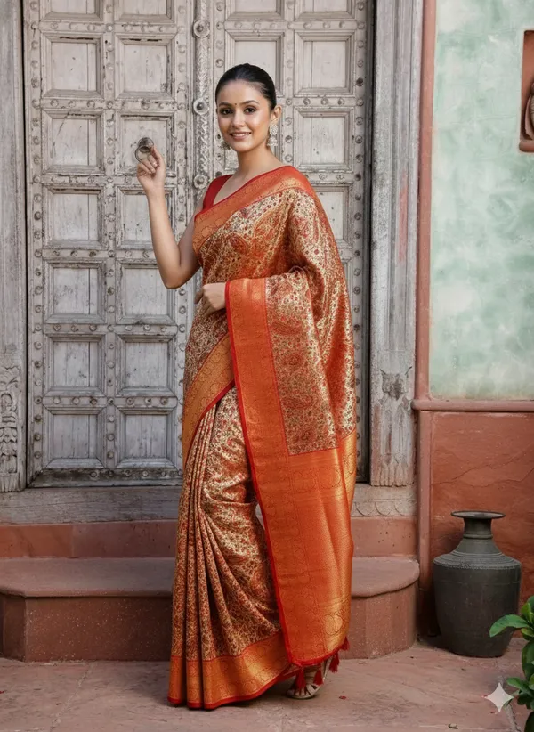 Gold_And_Red_Dharmavaram_Silk_Premium_&_Elegant_Zari_Weaving_Saree_With_Unstitched_Blouse_For_Women