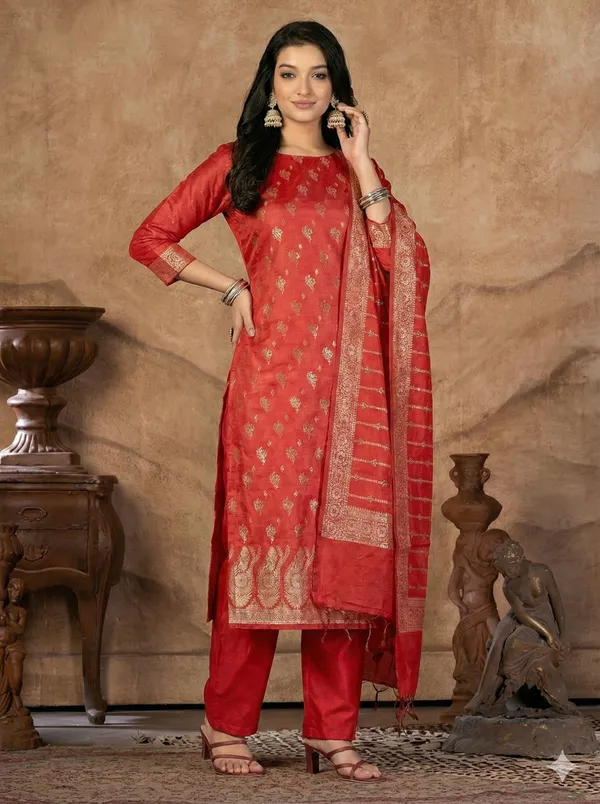 Tomato_Red_Butter_Silk_Premium_&_Elegant_Zari_Weaving_Unstitched_Suit_Set_With_Dupatta_For_Women