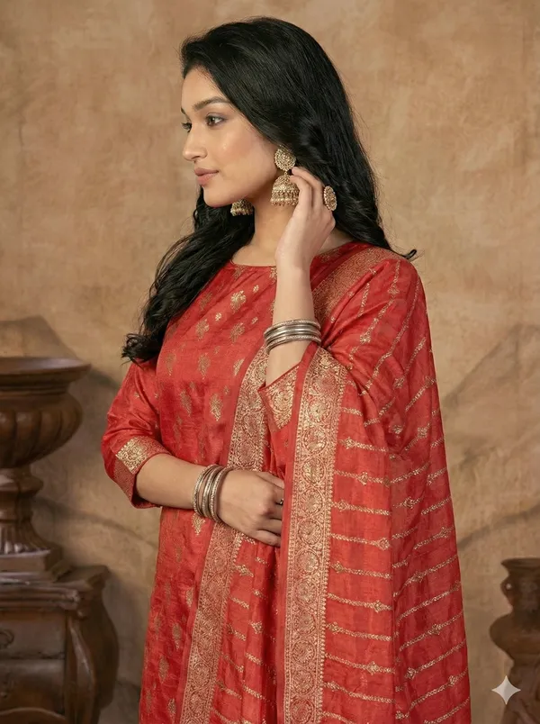 Tomato_Red_Butter_Silk_Premium_&_Elegant_Zari_Weaving_Unstitched_Suit_Set_With_Dupatta_For_Women