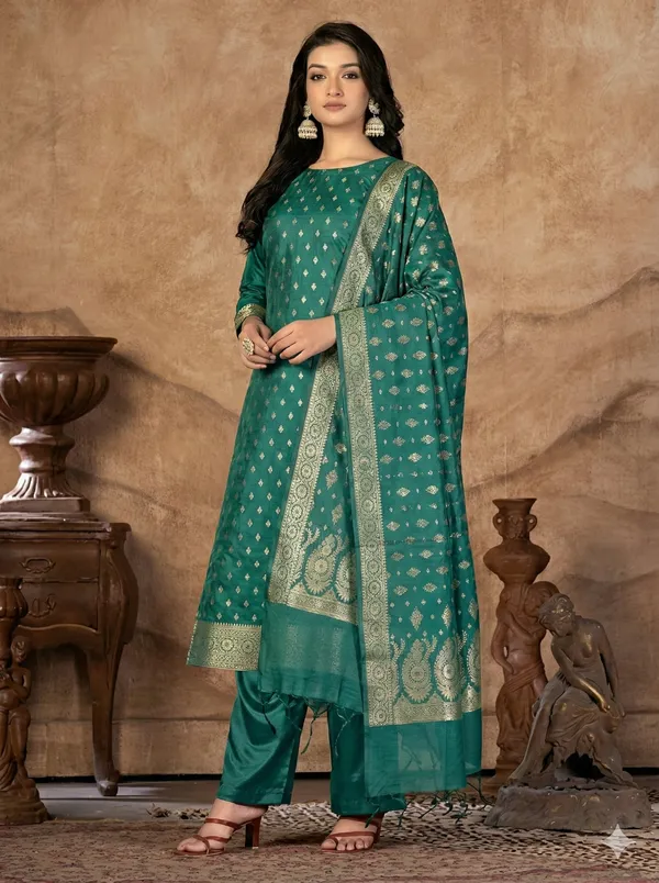 Dark_Rama_Green_Butter_Silk_Premium_&_Elegant_Zari_Weaving_Unstitched_Suit_Set_With_Dupatta_For_Women