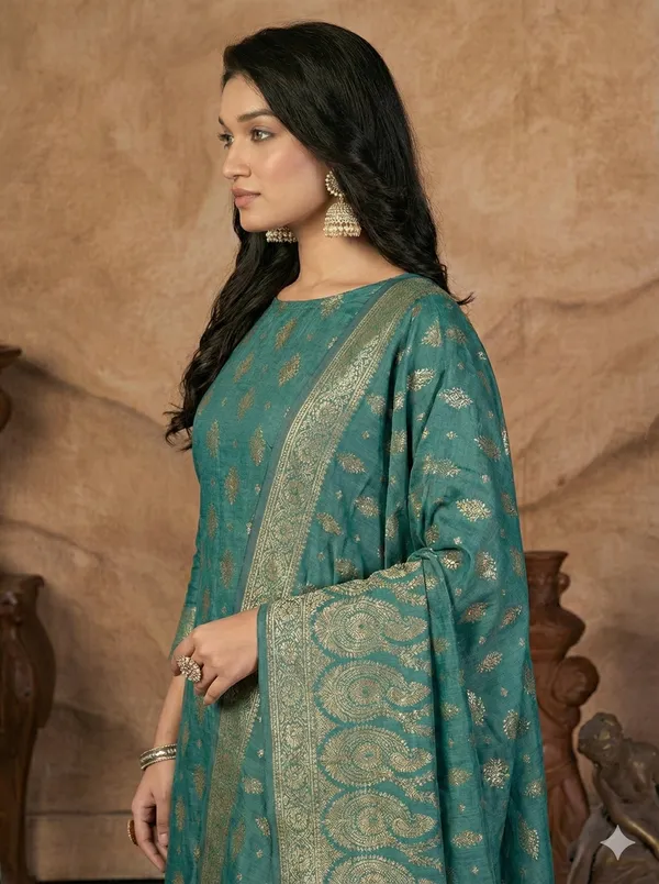 Dark_Rama_Green_Butter_Silk_Premium_&_Elegant_Zari_Weaving_Unstitched_Suit_Set_With_Dupatta_For_Women